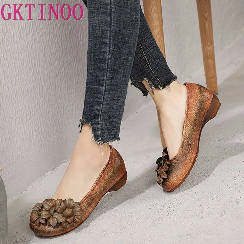 

GKTINOO Original Spring and Summer 2019 New Flower Handmade Women Shoes Retro Genuine Leather Thick Heels Retro Pumps