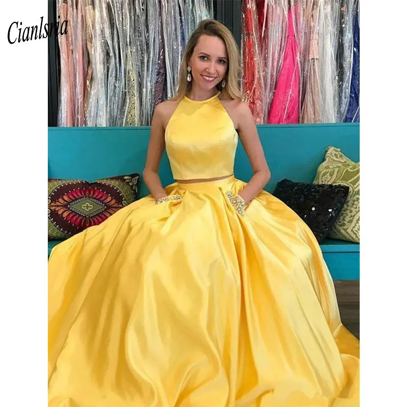 Simple Yellow Two Pieces Evening Dresses 2020 With Pockets O-Neck Beading Crystal Sleeveless Open Back Party Dress |