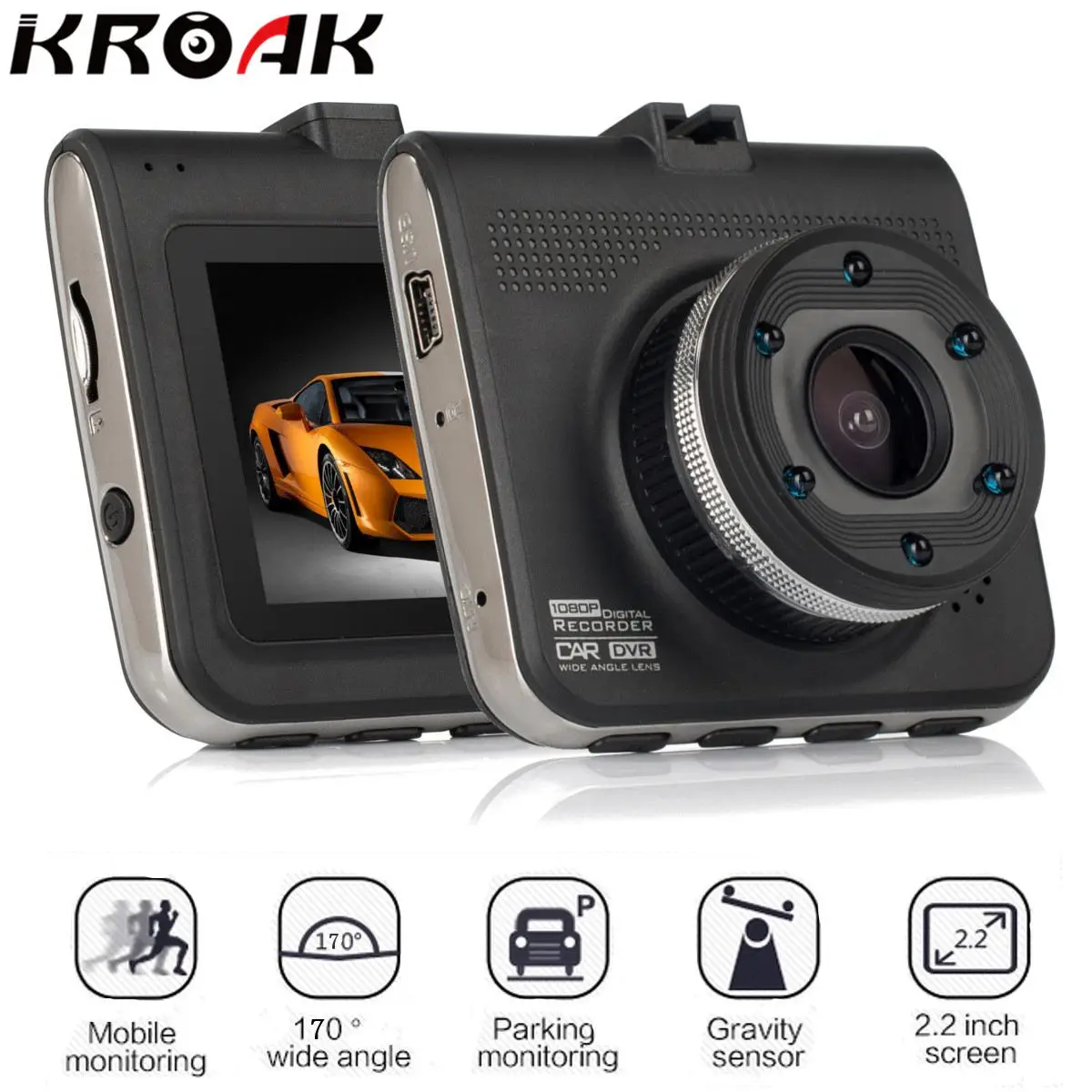 

KROAK Universal2.2'' Car DVR Full HD 1080P 170 Degree Parking Monitor Video Registrator Camcorder Camera