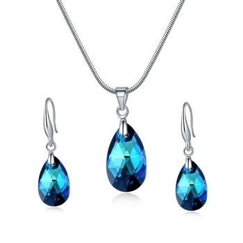 

BAFFIN Colorful Blue Crystals From Swarovski Jewelry Sets Silver Color Pear-Shaped Pendant Necklace Dangle Earrings For Women