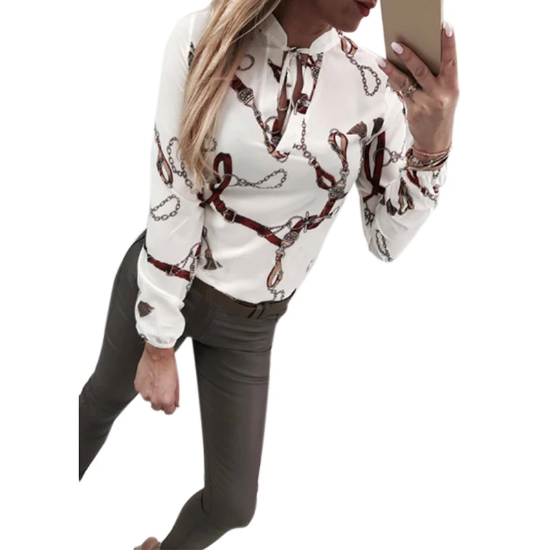 Women Sexy Blouse Summer Long Sleeve O-Neck Lace-up Shirt Woman Casual Slim OL Work Blouse Tops Ladies Clothes Camisas Mujer