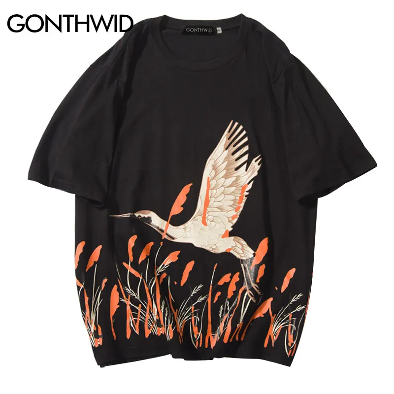 

GONTHWID Crane Print Tshirts Streetwear Harajuku Casual Men Hip Hop Short Sleeve Top Tee 2019 Summer Male Fashion Urban T Shirts