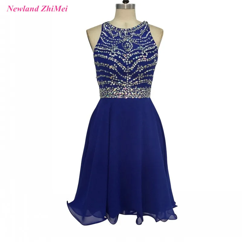 

Custom Made Beaded Cocktail Dresses Sexy Royal Blue O Neck Open Back Chiffon Party Dress abiti da cocktail