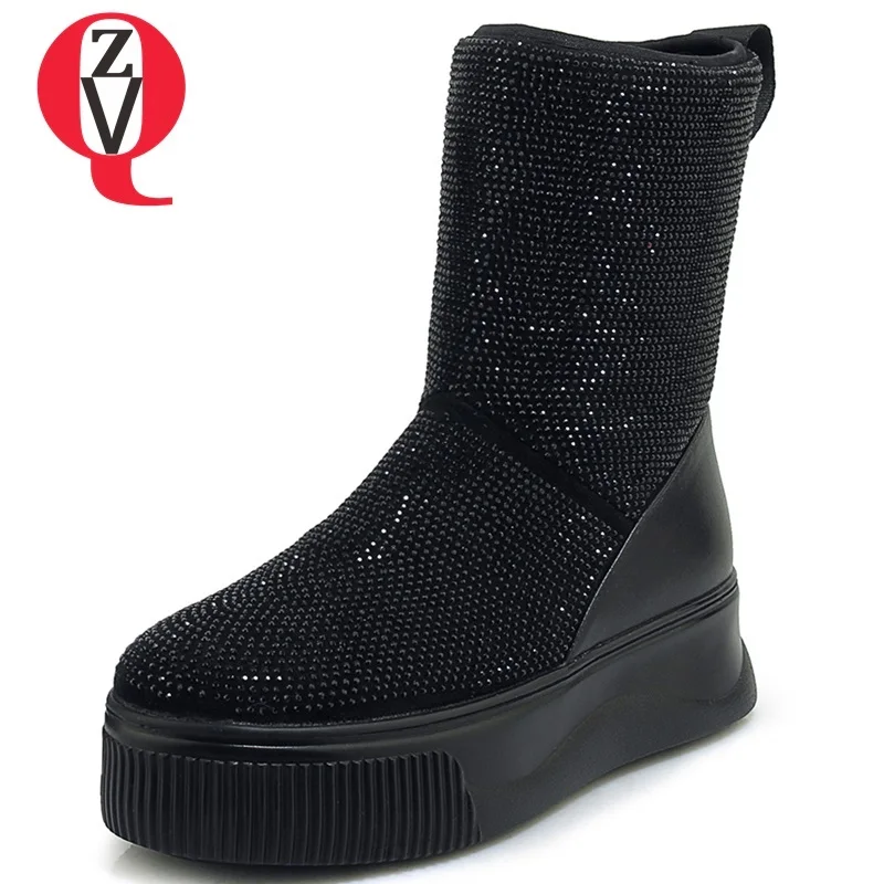 

ZVQ 2018 new concise casual women shoes crystal med wedges platform round toe slip-on black winter warm snow boots size 34-39
