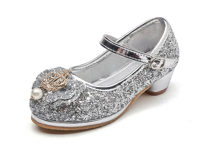 Модная корона; блестящие кожаные туфли принцессы для девочек; вечерние туфли на высоком каблуке для маленьких девочек; обувь со стразами для девочек