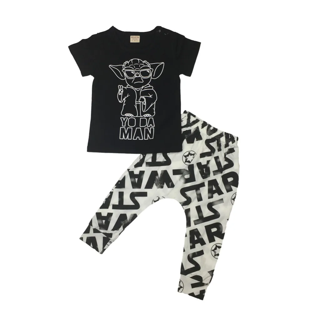 Модная одежда для маленьких мальчиков футболка с принтом «Звездные войны»+ штаны, комплект одежды для новорожденных мальчиков, одежда для младенцев детская одежда