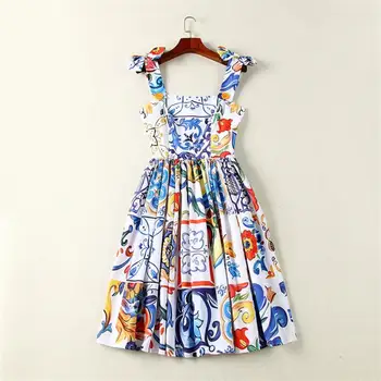 

Women Summer Dresses 2019 High Quality Designer Runway Sleeveless Printed Backless Spaghetti Strap Mini Dress DX0656N