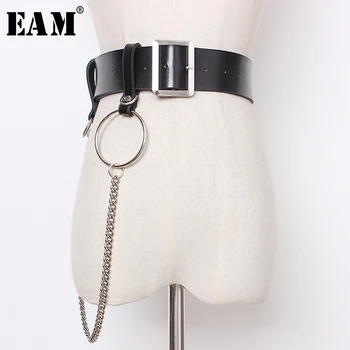 

[EAM] 2020 New Spring Autumn Pu Leather Circle Chain Split Joint Personality Long Belt Women Fashion Tide All-match JR935