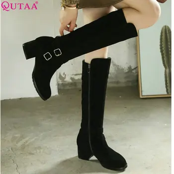 

QUTAA 2019 Women Knee High Boots Kid Suede Square Med Heel All Match Round Toe Zipper Women Motorcycle Boots Size 34-40