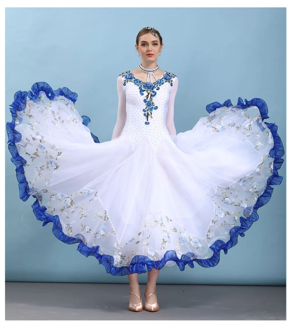Современный танцевальный костюм Для женщин элегантное платье с длинными рукавами и бальных танцев костюм Вальс/Танго конкурсное