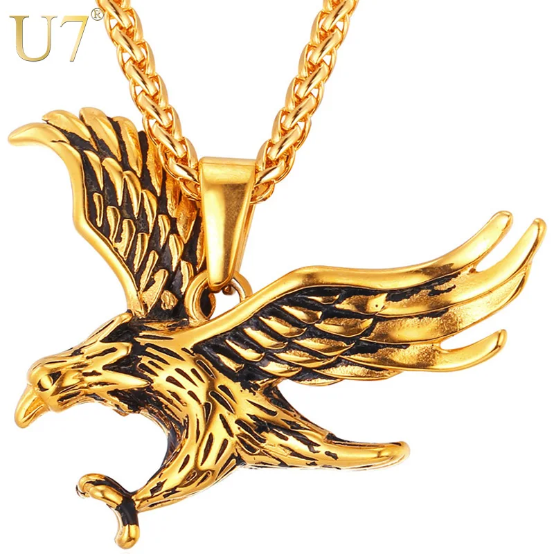 U7 Brand Eagle Kalung Kenyataan Jualan Perhiasan Emas Warna Keluli Tahan Karat Hawk Haiwan Charm & Loket Chain For Men P748