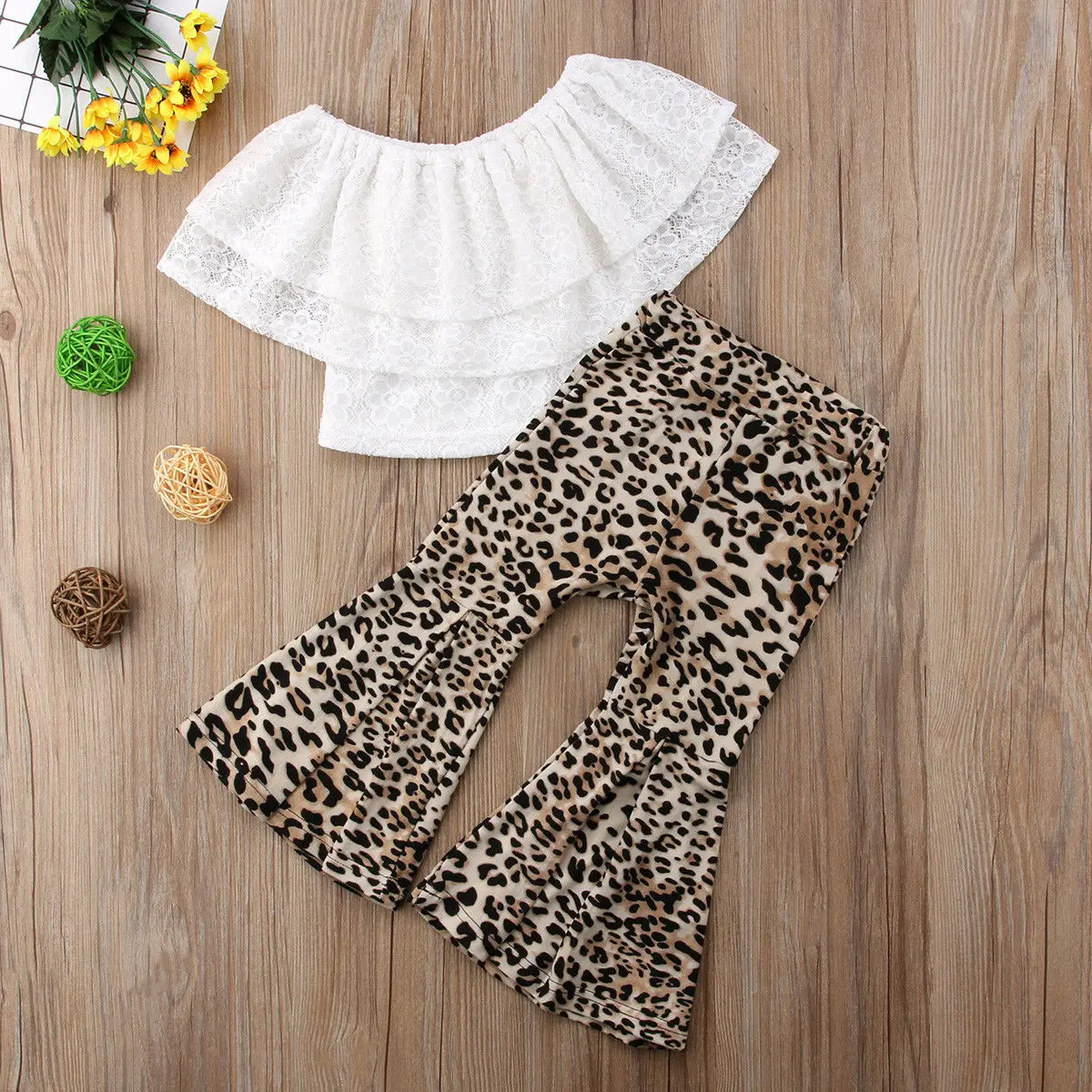 

2pcs Kids Baby Girl Clothes Lace Floral Tops T shirt and Pants Leopard Flares Pants Outfits Set