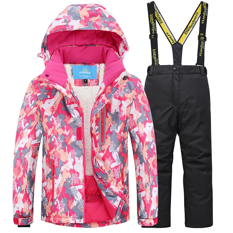 

Children skiing and snowboard suit jackets pants Quality waterproof hooded fleece inside ski clothings teens kids girl boy -30