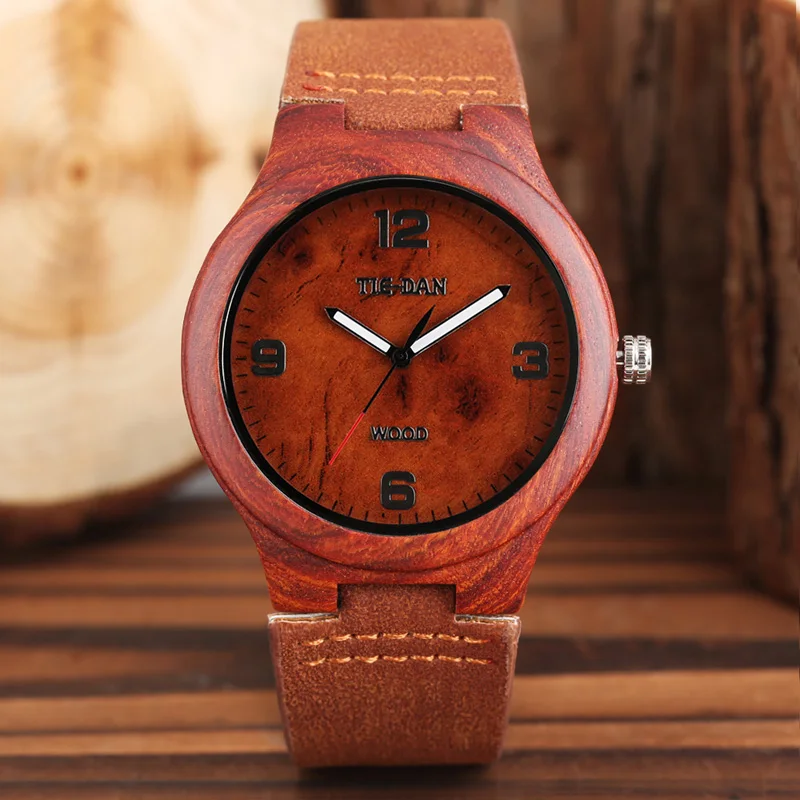 

TIEDAN Top Brand Bamboo Wood Watches Brief Arabic Numbers Brown Genuine Leather Analog Clock 2019 New Fashion Gifts Relogios Men