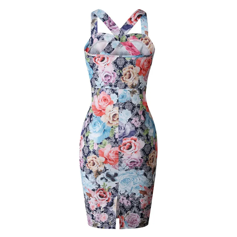  New Women Summer Fashion Casual Daily Floral Printing Sleeveless O Neck Ladies Elegant Dress Evening Party Dress #4A17  (4)