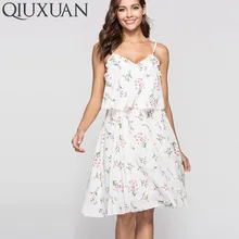 QIUXUAN Summer Floral Print Sleeve Women Cami Dress Fashion Frill Trim Layered Midi Dress Plunge Neck Women Beach Dress