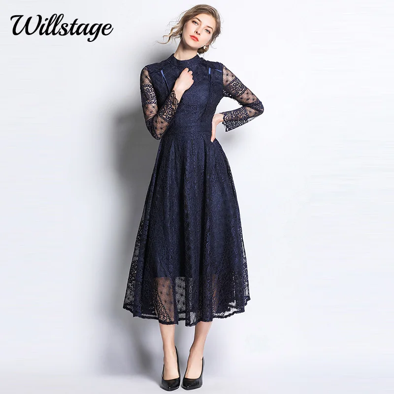 

Willstage Dark Blue Lace dress Women Floral Mesh Patchwork Mid Dresses Party Sexy Hollow out Retro Clothes 2019 Spring Vestidos