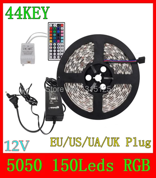 #Best 5M SMD 5050 150Leds RGB LED Strips and 44 Key IR Remote Control and 3A Power Adapter For Home Decoration +free shipping