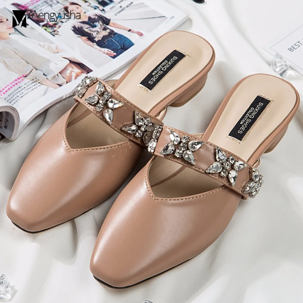 big rhinestone mules shoes woman square toe sandals brand crystal