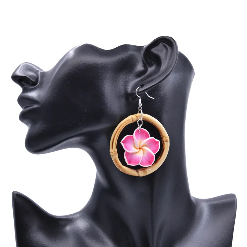 

1pair New Vintage 50mm Round Bamboo Earrings With Plumeria Flower Dangle earrings Hawaiian Holiday Jewelry