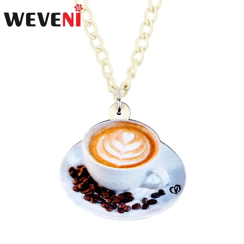 

WEVENI Acrylic Coffee Cup Love Heart Necklace Pendant Chain Collar Fashion Jewelry For Women Girls Teens Charm Gift 2019 New