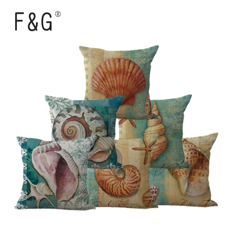 

45cm Linen Blend Marine Sea Shell Pattern Throw Cushion Cover for Couch Capa De Almofada Bedding Ocean Decoration