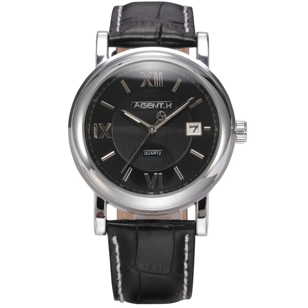 

AGENTX Day Display Stainless Steel Case Black Leather Strap Clock Male Wristwatch Tag Men Dress Business Quartz Watch / AGX017