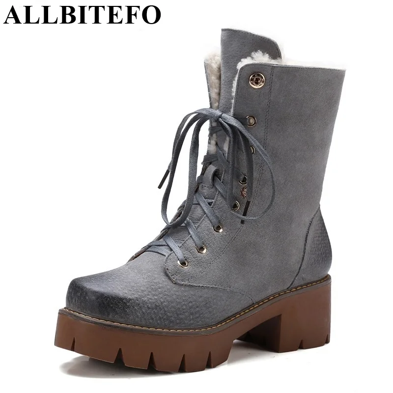 

ALLBITEFO High quality Pigskin thick heel round toe lace up casual winter snow boots platform fashion ankle boots women boots