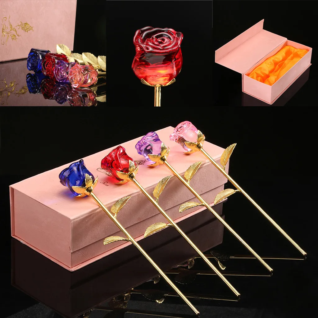 

1PC Multicolor Crystal Rose Flowers Home Decor Birthday Romantic Wedding Crafts Valentine's Day Gift with Gift Package#g4