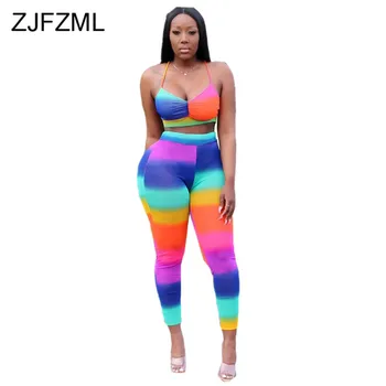 

Rainbow Striped Sexy Two Piece Set Summer Club Outfits For Women Spaghetti Strap Backless Crop Top+Pencil Pant 2 Piece Sweatsuit