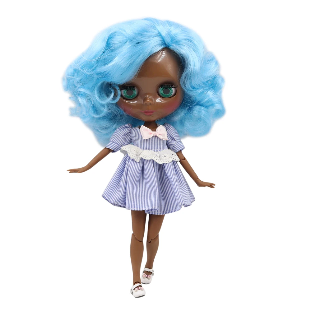 ICY DBS Blyth doll 1/6 bjd with super black skin and bright blue curly hair and glassy face nude joint body BL6203