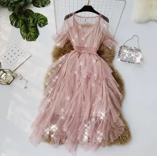 Женское летнее сексуальное кружевное платье с v-образным вырезом звездное небо милые вечерние платья с расклешенной юбкой с подкладкой - Цвет: Розовый