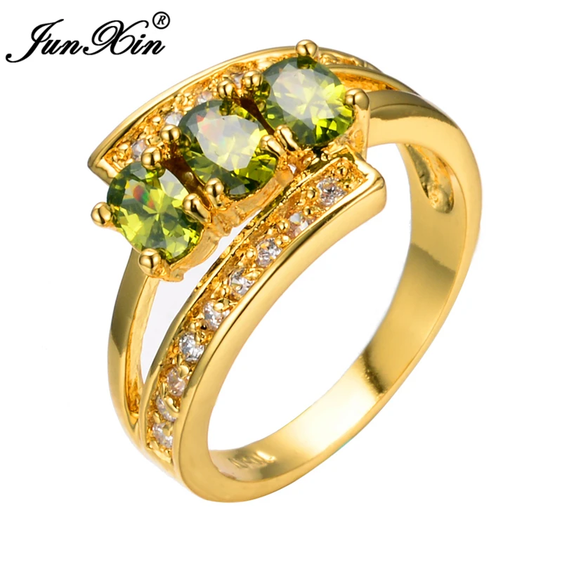 

JUNXIN Peridot Zircon Finger Rings For Women 10KT Yellow Gold Filled Olive Green CZ Crystal Bands Wedding Ring Fashion Jewelry