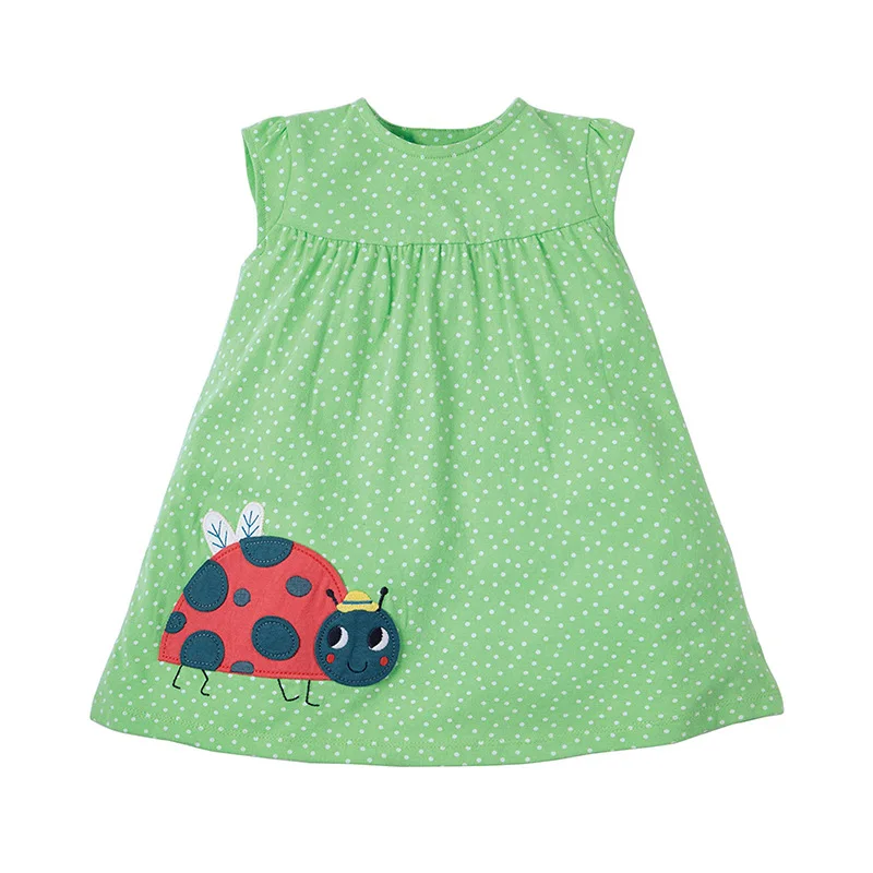 

Little Maven New Summer Kids Clothing Green Beetles Applique Sleeveless Dots O-neck Knitted 1-6yrs Cotton Girls Vest Dresses