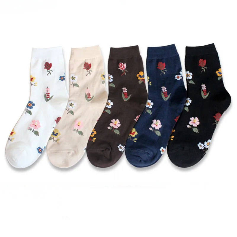 European Elegant Women Rose Floral Cotton Socks Ladies Retro Colorful