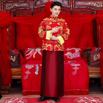 

Vintage Red Male 2PCS Marriage Suit Traditional Chinese Style Bridegroom Embroidery Dragon Cheongsam Classic Hanfu Clothing