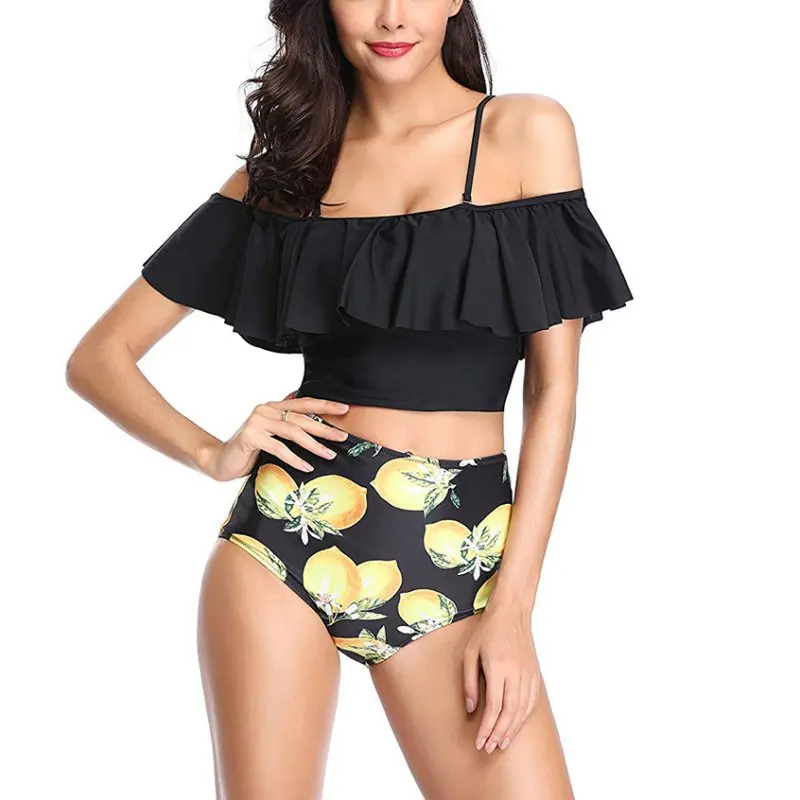 

2019 Summer New Multi-color Printing Ruffled Split Bikini + High Waist Swim Suit Printed Sexy Beachwear Swimwear