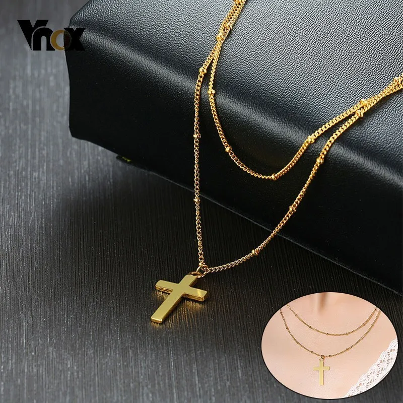 

Vnox Gold Tone Cross Necklaces for Women Double Layers Chain Choker collar femenino