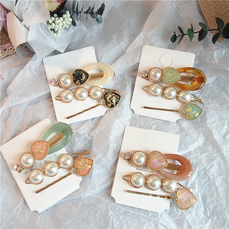 

3 Pcs Japanese Fashion Beautiful Colorful Acetate Love Barrettes for Girl Women Exquisite Imitation Pearl Hairpins Combination