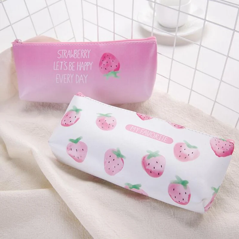 PU Leather Strawberry Cosmetic Bag Sweet Clutch Makeup Case Women And Girls Student Zipper Make Up Travel Bag Pouch Kit