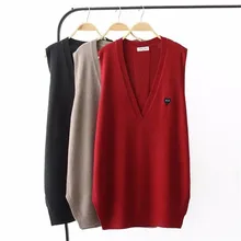 Женский вязаный свитер цвета хаки с вышивкой и v-образным вырезом, свободный женский жилет, повседневные жилеты без рукавов для женщин