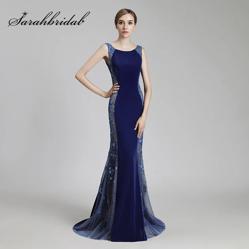 2019 Luxury Beading Celebrity Dresses Sexy Illusion Long Red Carpet Dress Formal Royal Blue Mermaid Evening Party Gowns OL506