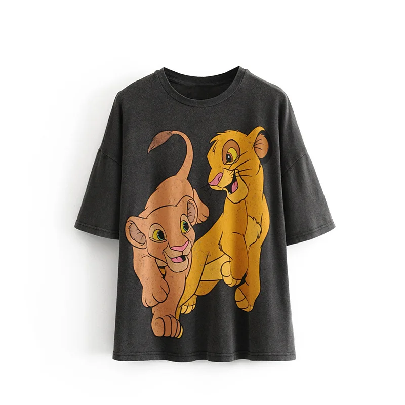 Женская футболка с коротким рукавом C983 серая Повседневная принтом Lion king и