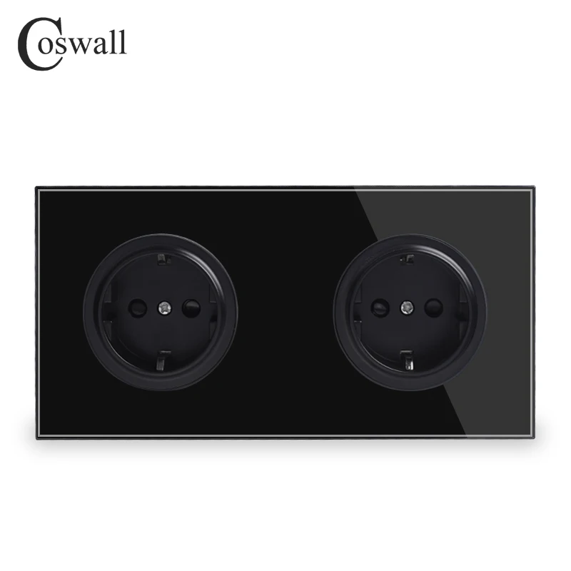 Coswall Кристалл закаленное чистое стекло черная панель 16A двойной стандарт ЕС настенная розетка заземленная детская защитная дверь - Тип: Настенная розетка