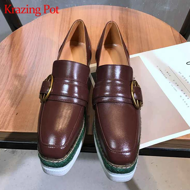 

Krazing pot fashion European superstar cow leather metal fasteners square toe Punk style slip on women casual leisure pumps L58