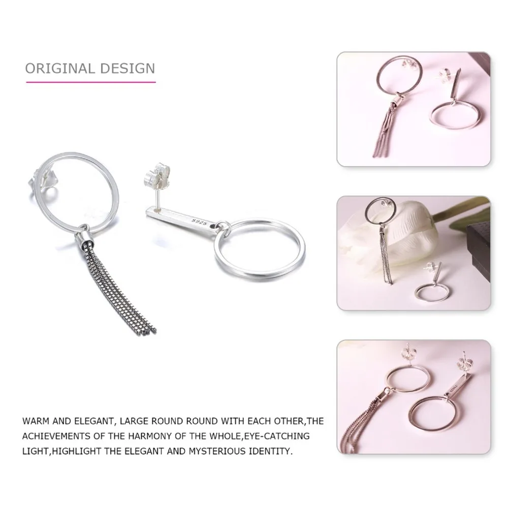 e-Manco 925 Sterling Silver Drop Earrings Simple Tassel Asymmetry Round Circle Dangle Earrings For Women Geometric Fine Jewelry