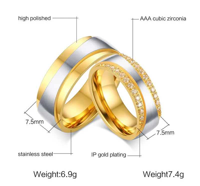 Золото Цвет обручальные кольца нержавеющая сталь пара любовника ювелирные изделия Романтический CZ камень