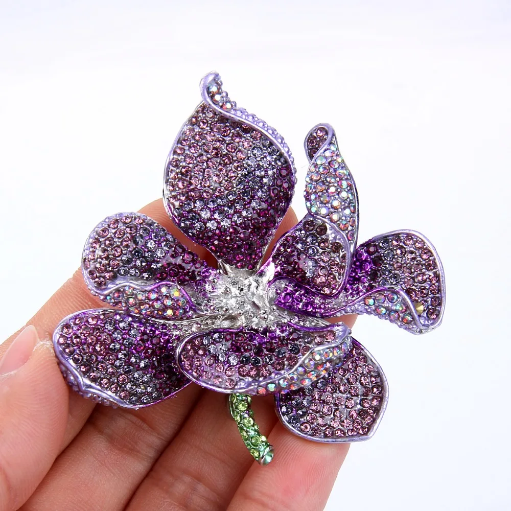 Bella Fashion Purple Orchid Flower Brooch Pin Austrian Crystal Rhinestone Brooch Women Party