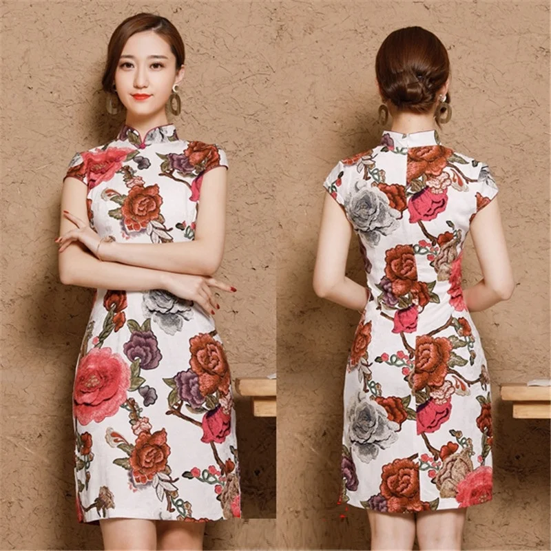 Women Linen Cotton Shanghai Plus Size Cheongsam Qipao Dresses XXXL 4XL 5XL Summer Short Chinese Traditional Printing Elegant  (9)