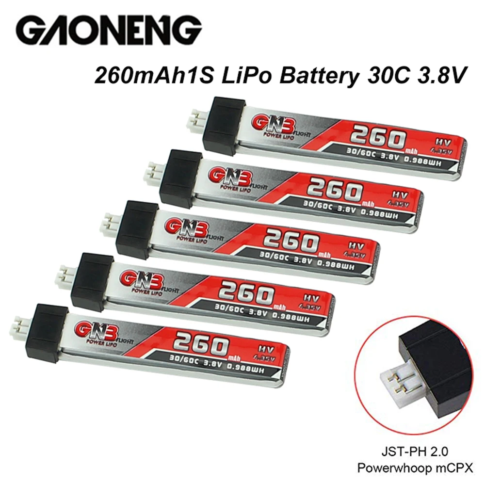 

5pcs/lots 1S LiPo Battery GAONENG 260mAh 30C 3.8V for Tiny Whoop JST-PH 2.0 Powerwhoop mCPX Connector